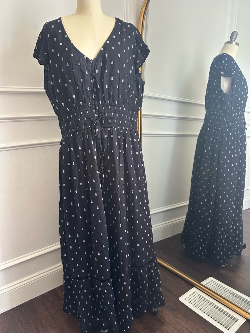 Treasure & Bond Navy Maxi Dress with White Dot Pattern